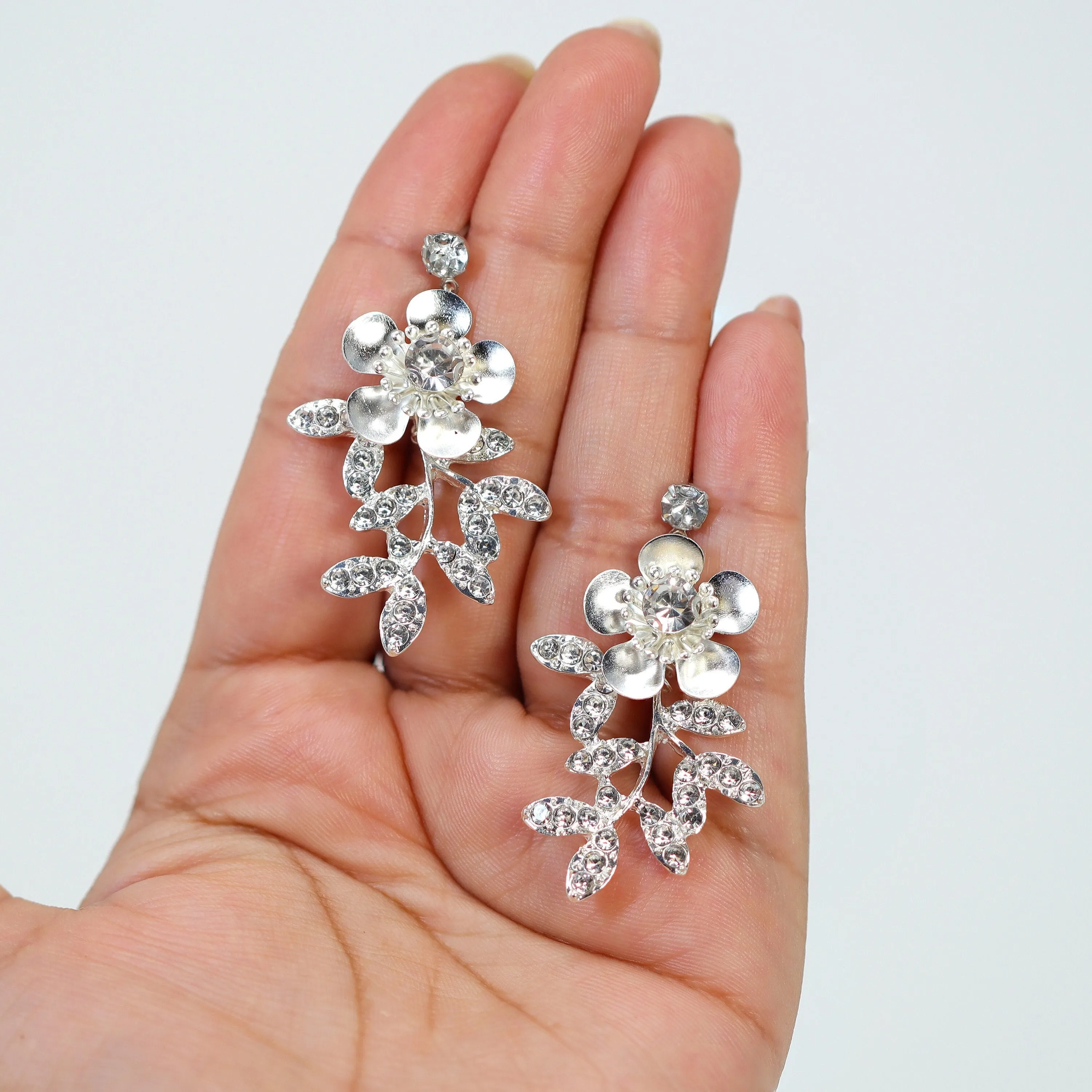 Swarovski Floral Petals Dream Crystal, Rhinestone Earrings, Long Bridal Jewelry Bridal Earrings Clip On Earrings, Statement Earrings.