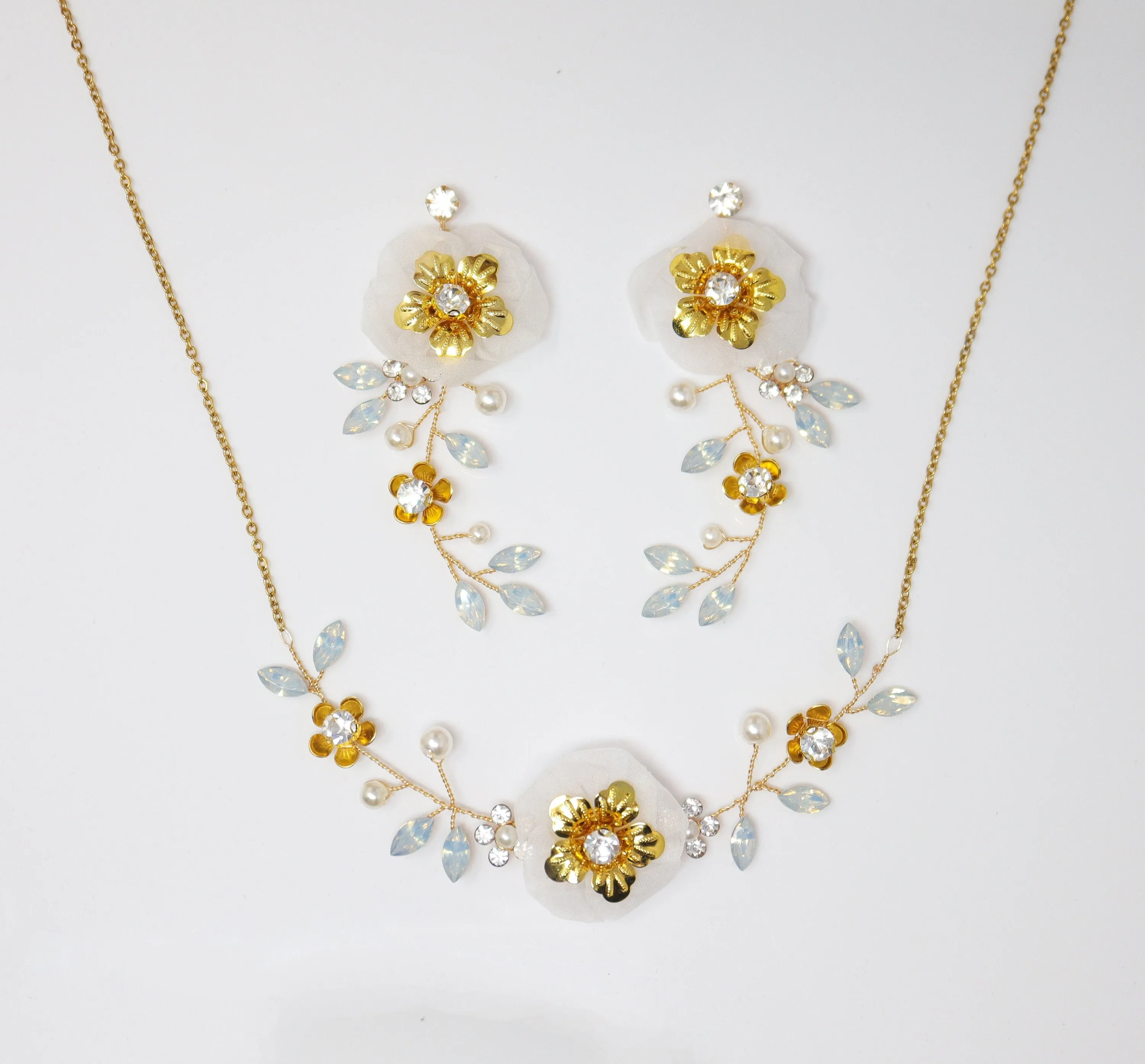 Swarovski Gold Opal Flower Crystal Necklace set , Long Bridal Jewelry Crystal Necklace Bridal Earrings Statement Earrings