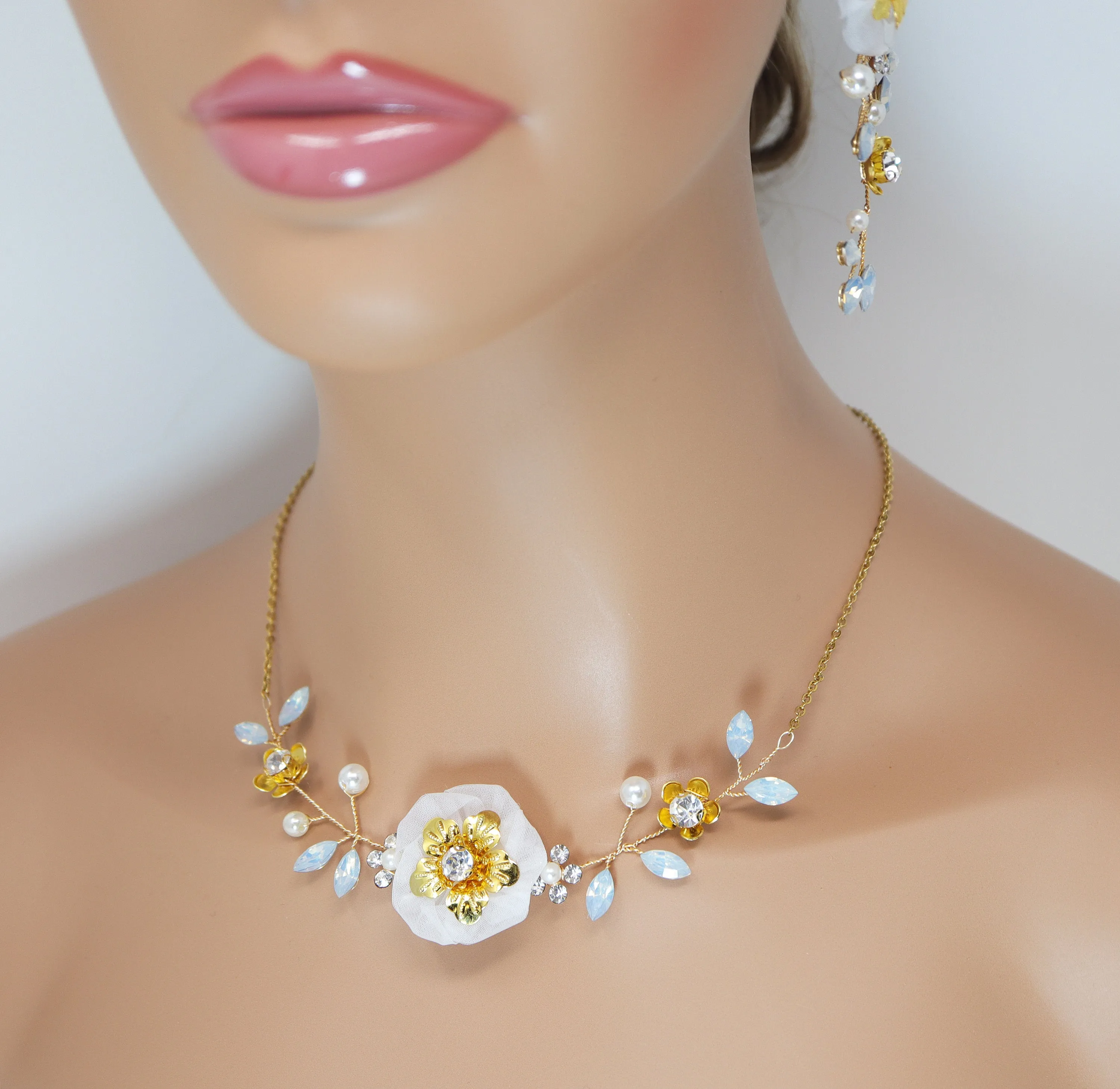 Swarovski Gold Opal Flower Crystal Necklace set , Long Bridal Jewelry Crystal Necklace Bridal Earrings Statement Earrings