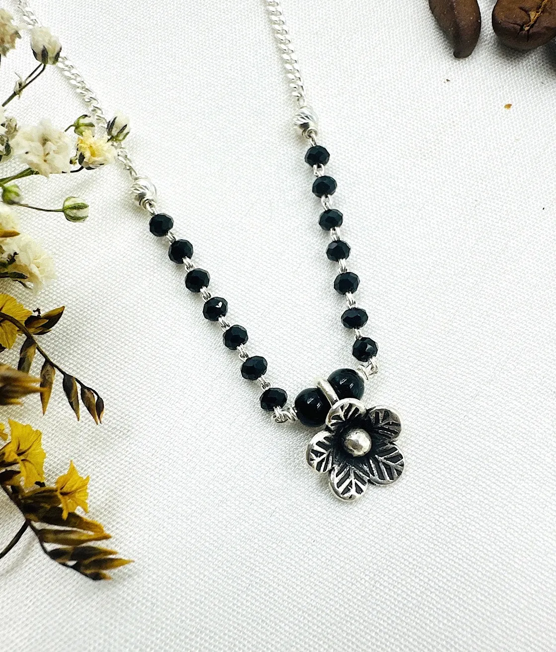 The Silver Floral Beads Necklace/ Mangalsutra