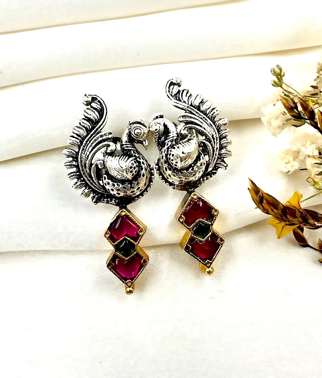 The Silver Peacock Kundan Earrings (2 tone)