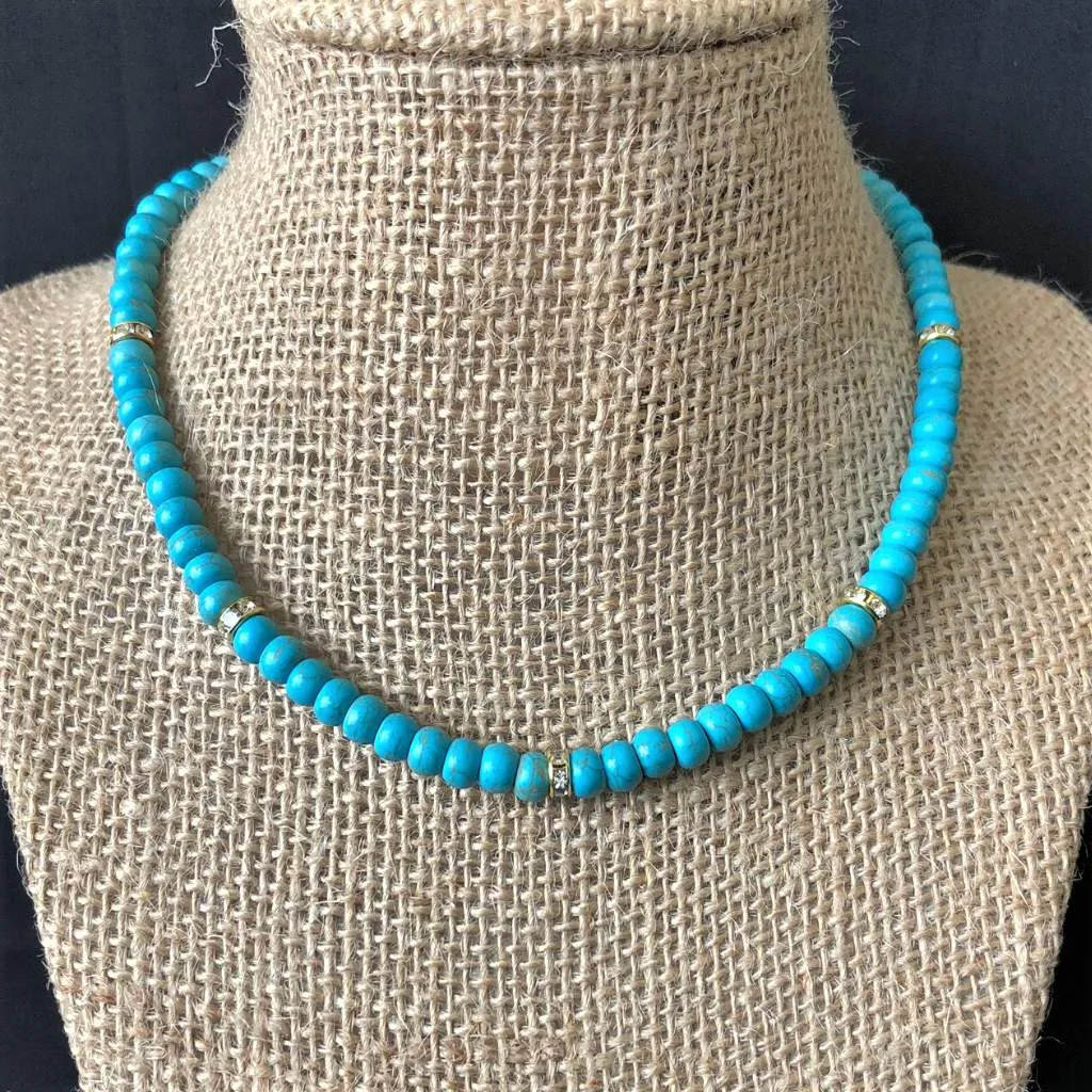 Turquoise Blue Magnesite and Crystal Rondelle Necklace