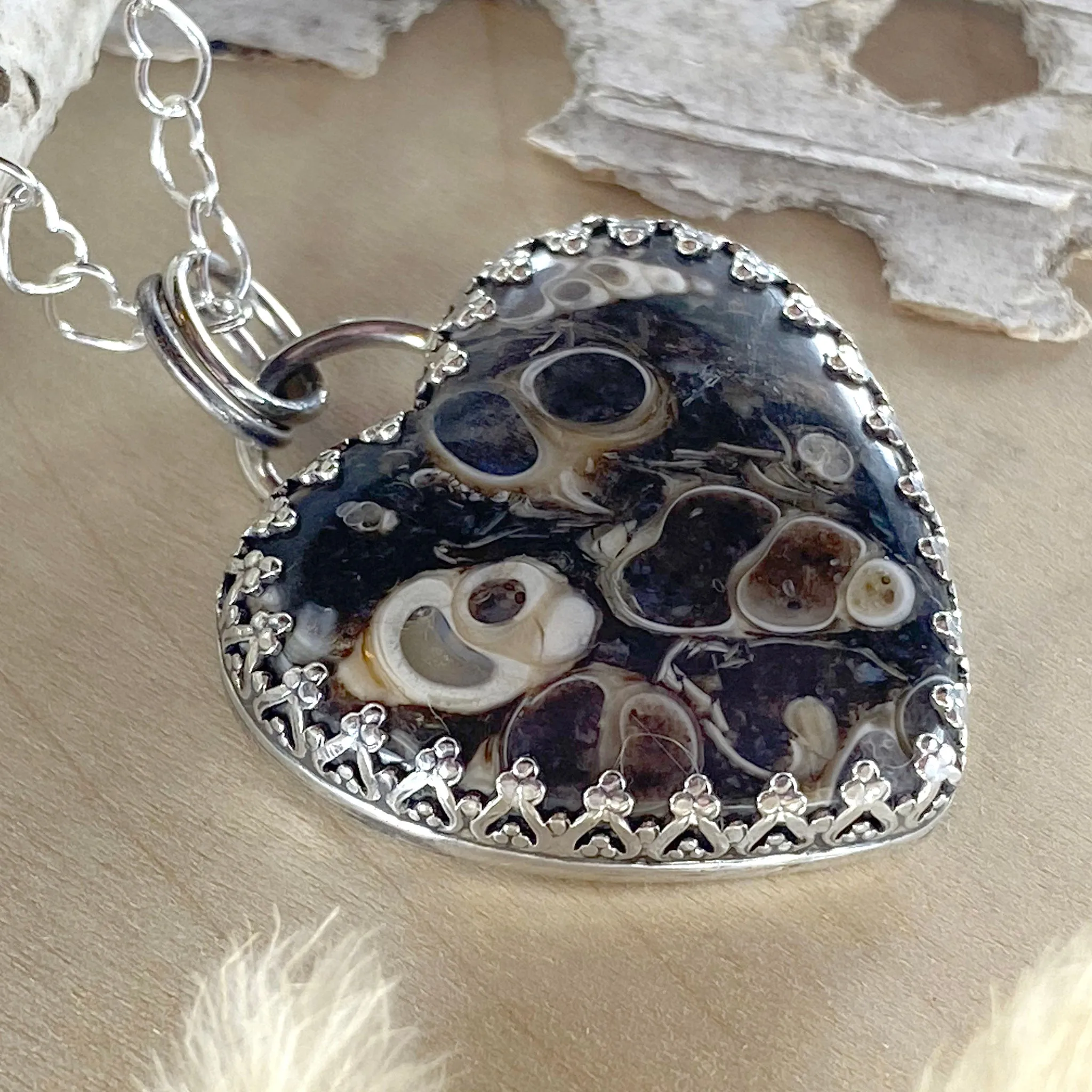 Turritella Agate Heart Pendant Necklace