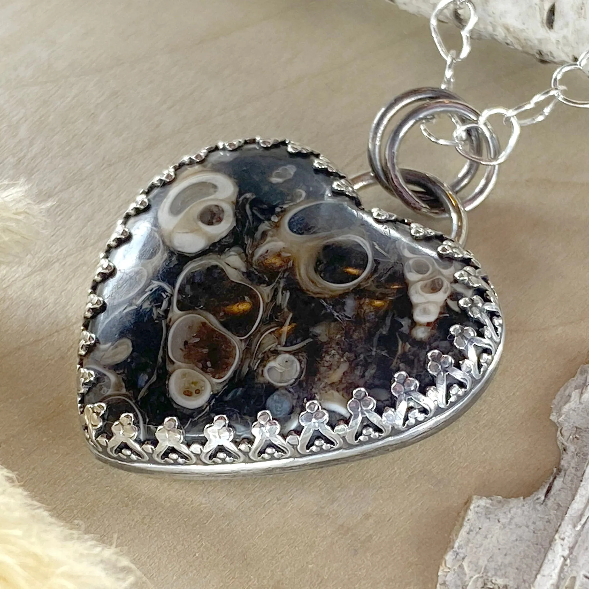 Turritella Agate Heart Pendant Necklace