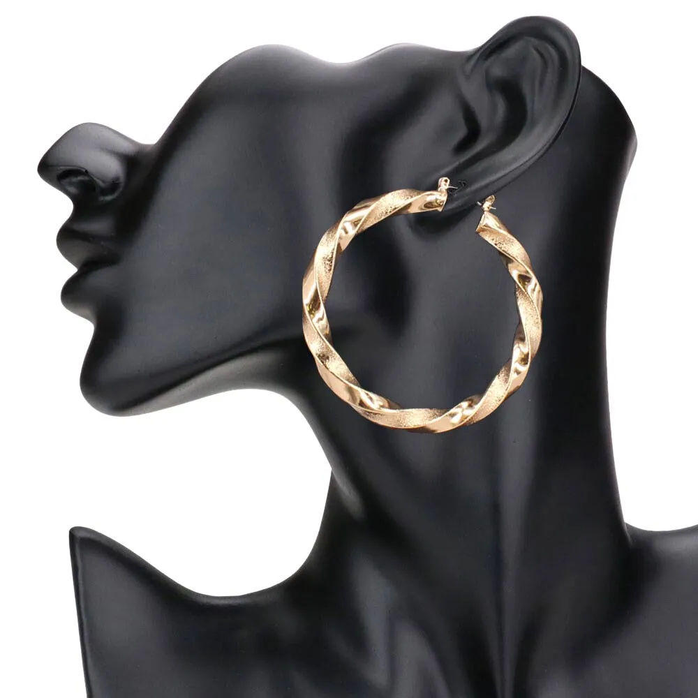 Twisted Metal Hoop Pin Catch Earrings (2.3Inch)