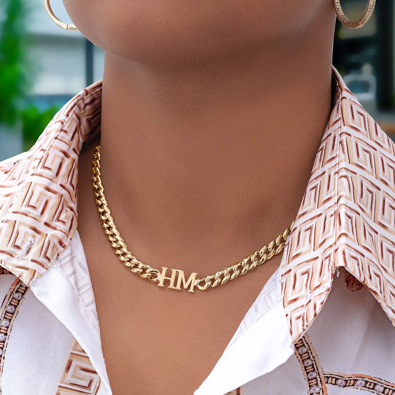 Two Intial Choker Necklace with Cuban Chain