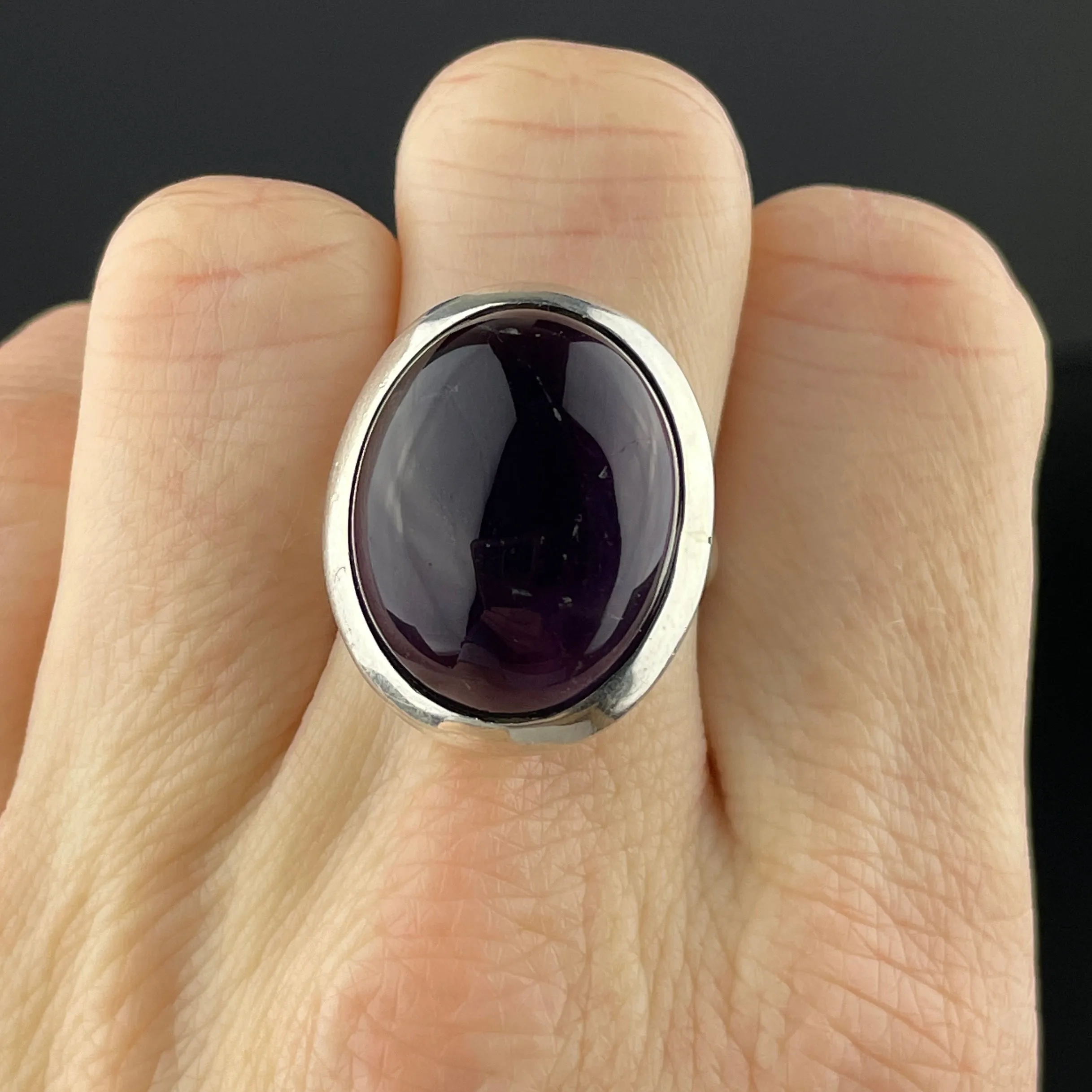 Vintage Amethyst Cabochon Silver Statement Ring, Sz 6 3/4