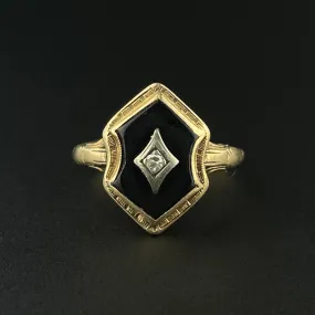 Vintage Art Deco 10K Gold Diamond Onyx Ring, Sz 8.5