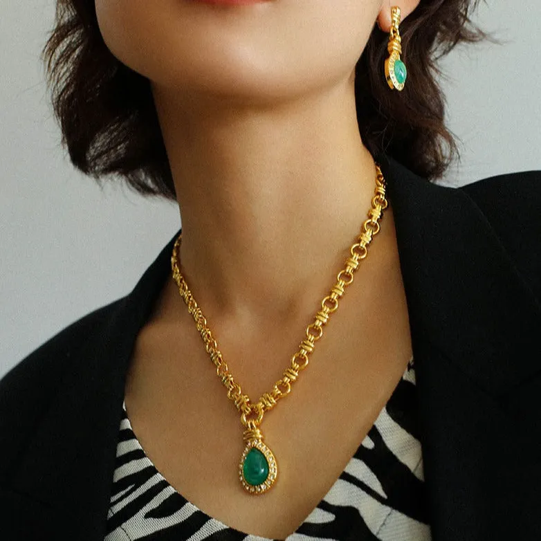 Vintage Green Crystal Chain Necklace l Earrings I Set