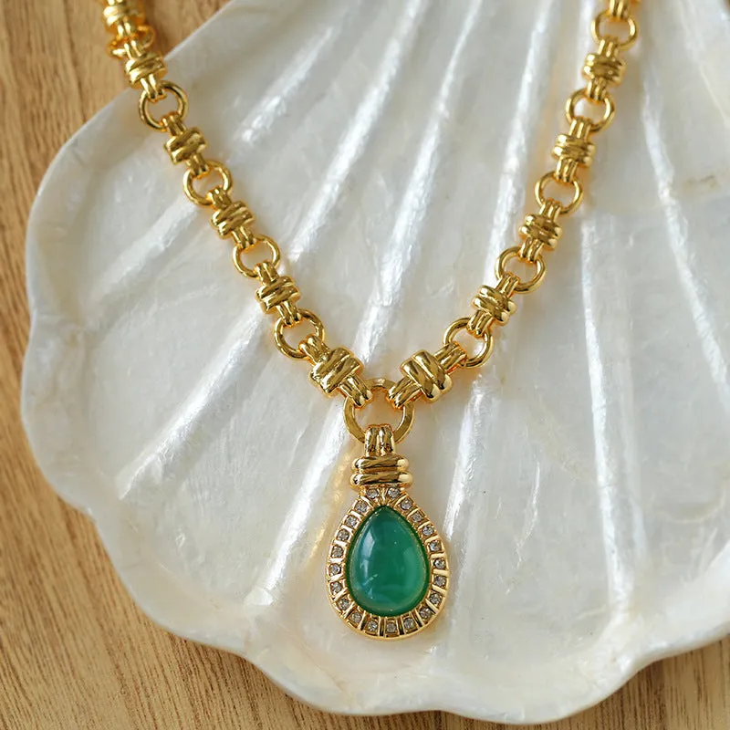 Vintage Green Crystal Chain Necklace l Earrings I Set