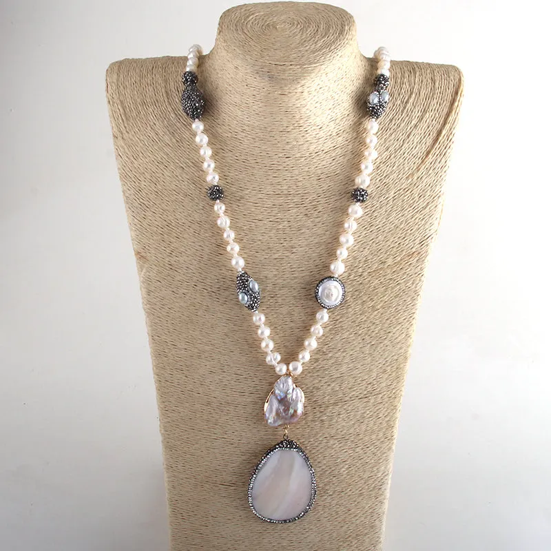 White Keshi Baroque Pearl Pave Black Crystal Long Necklace