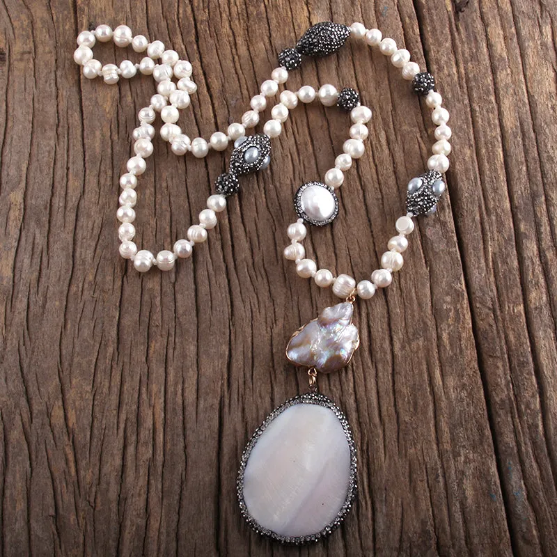 White Keshi Baroque Pearl Pave Black Crystal Long Necklace